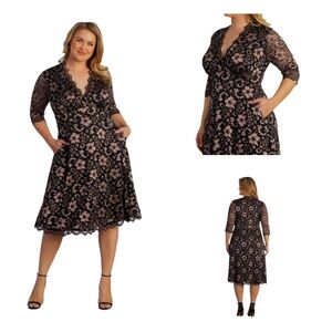 Kiyonna Mon Cherie Lace Dress Black Blush Floral Scalloped Hem Size 2XL Elegant